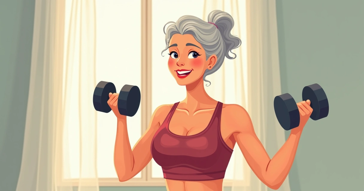 Idosa sorrindo após treino leve de musculação, segurando halteres 