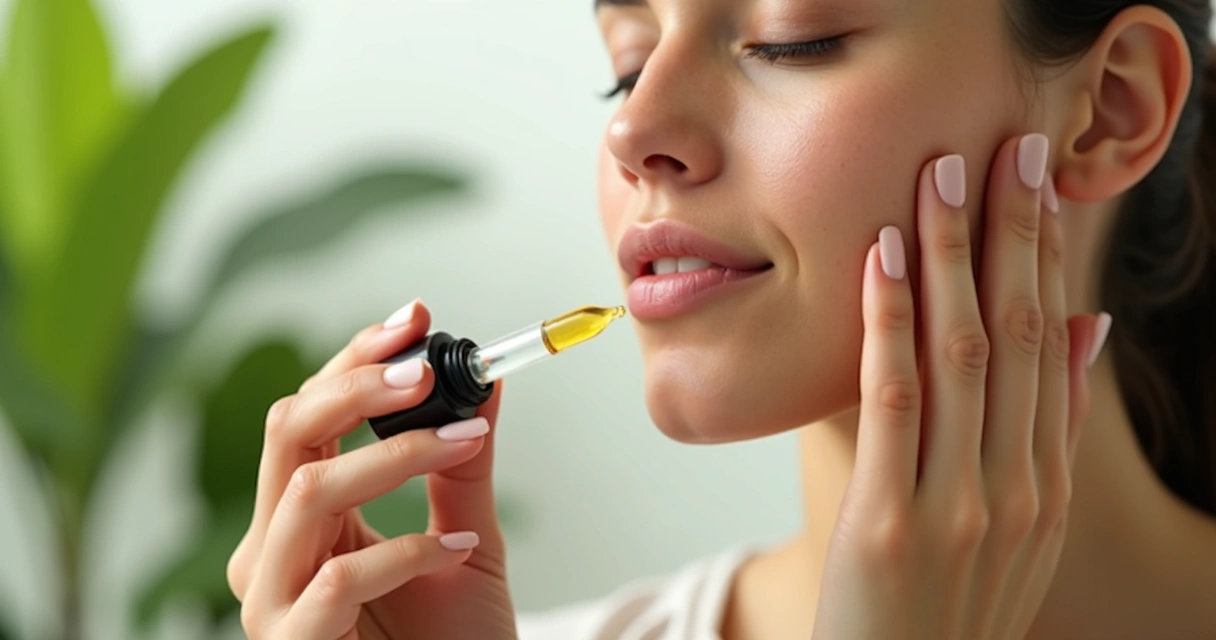 Mão aplicando óleo de moringa no rosto feminino