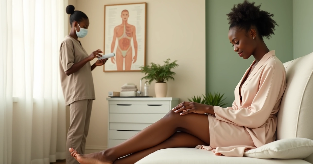 Mulher de pele negra examinando pernas sem vasinhos aparentes em sala de clínica clara 