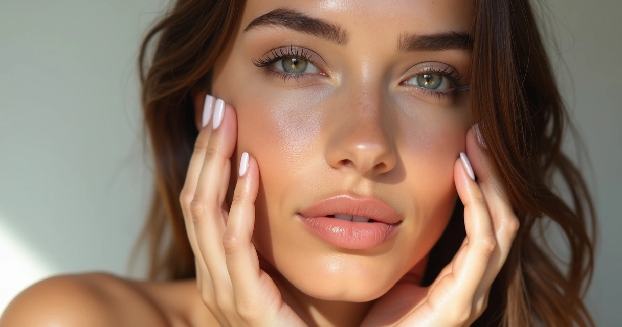 Rosto de mulher com pele saudável, cabelos e unhas bem cuidados
