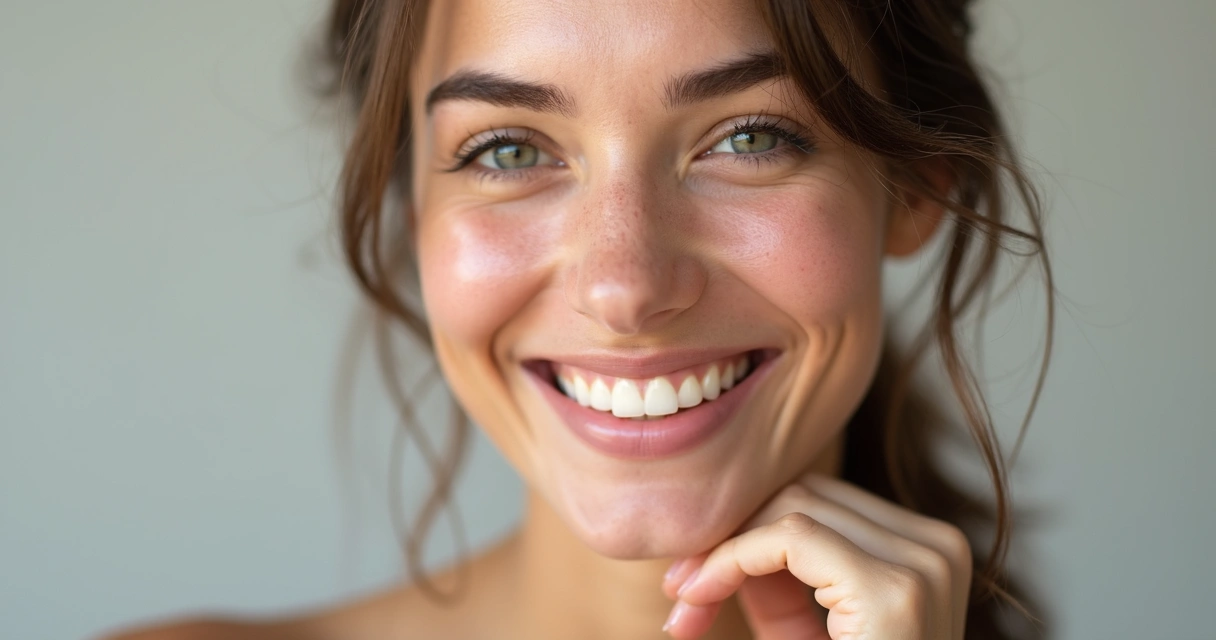 Rosto de mulher sorrindo com textura de pele saudável 