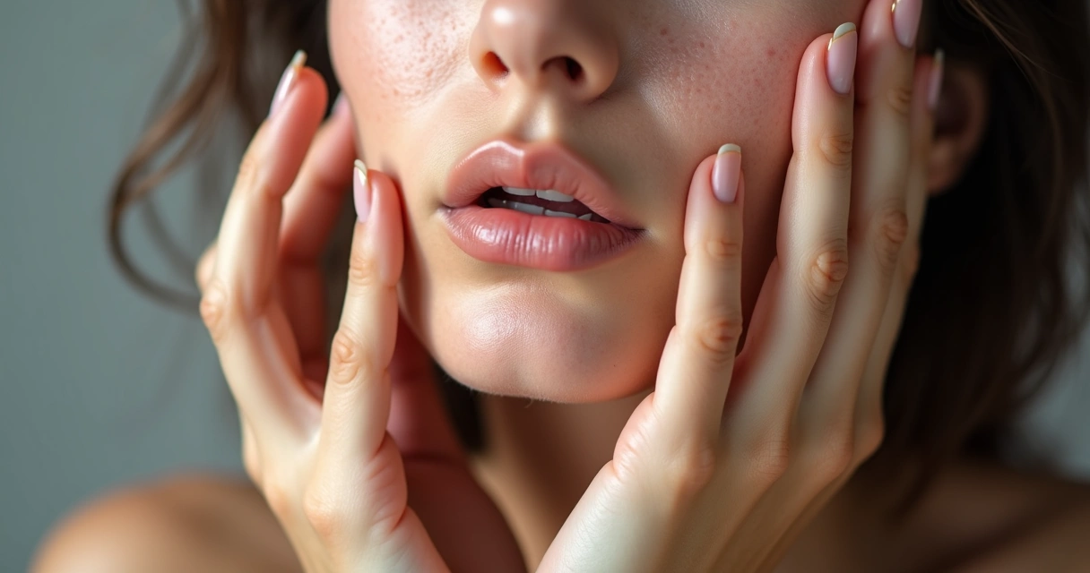 7 sinais de que sua pele precisa urgentemente de hidratação 1 Mãos femininas tocando bochecha com textura áspera, fundo suave