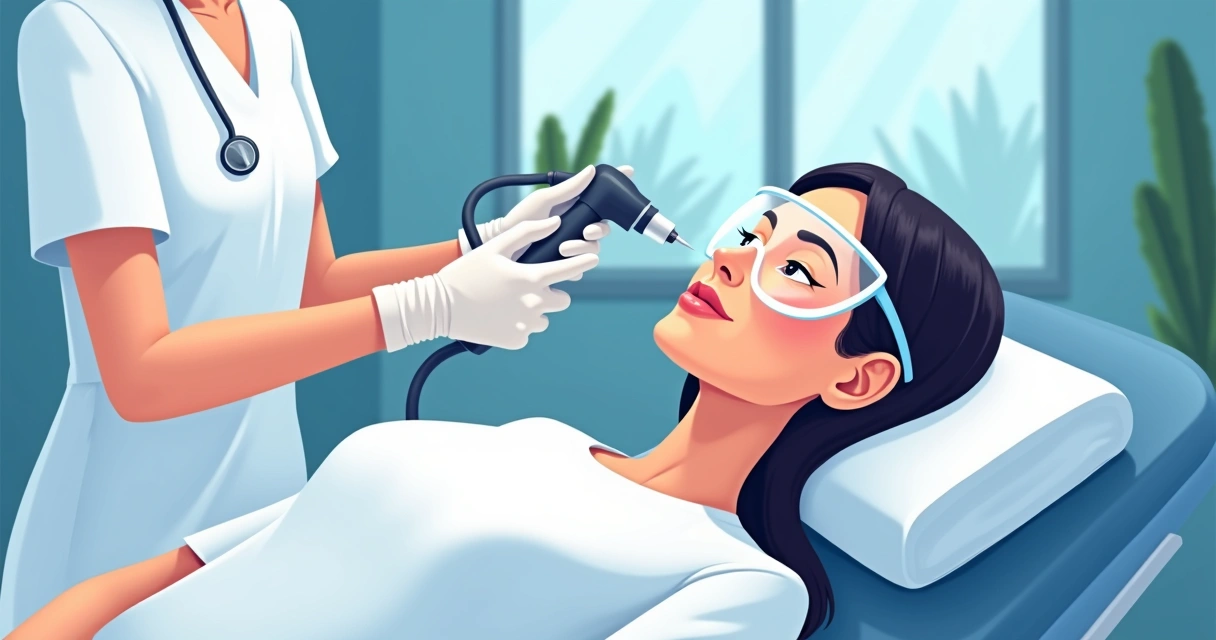 Profissional aplica laser no rosto de mulher deitada em clínica 