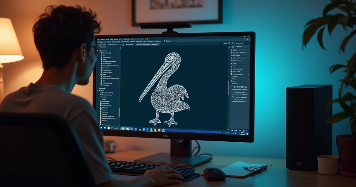 Tela com desenho de pelicano gerado por modelo de linguagem 