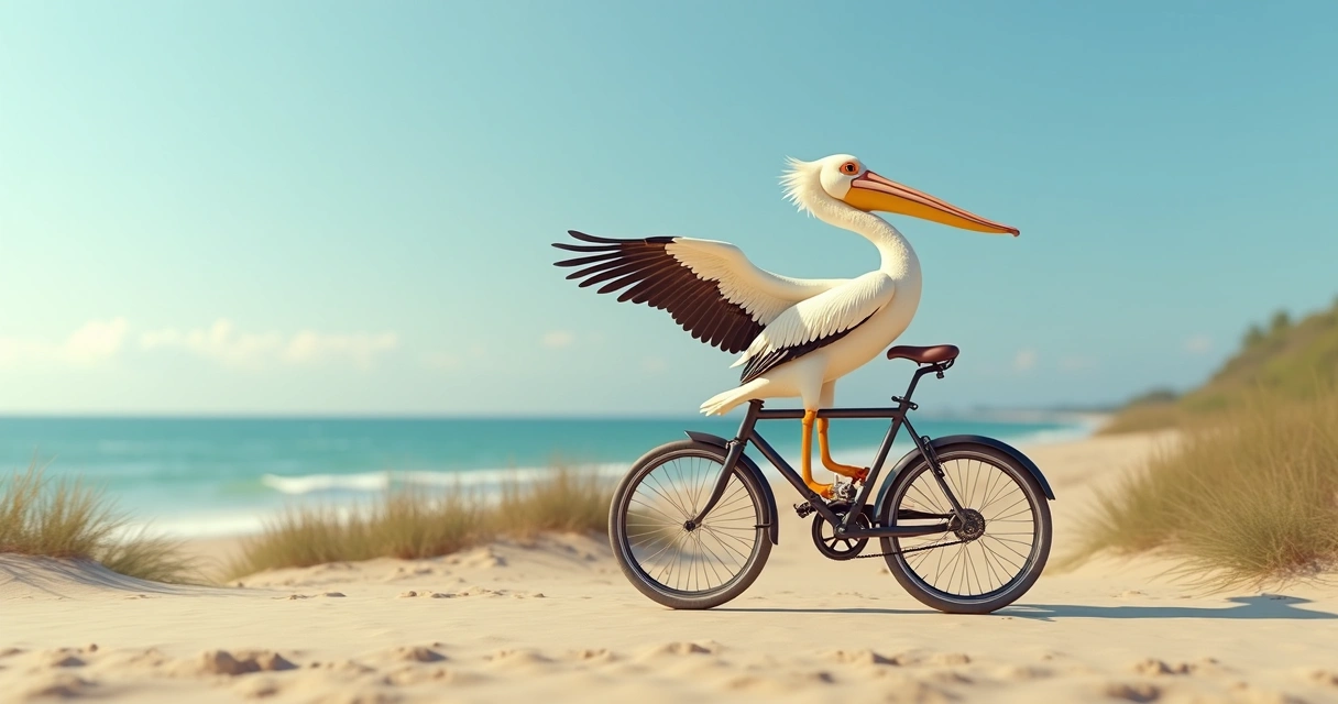 Pelicano pedalando uma bicicleta em cena artística 