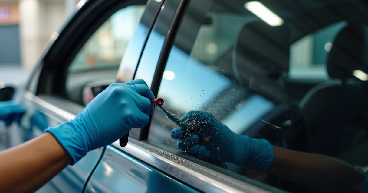 Película antivandalismo instalada em vidro de carro, protegendo do impacto. 