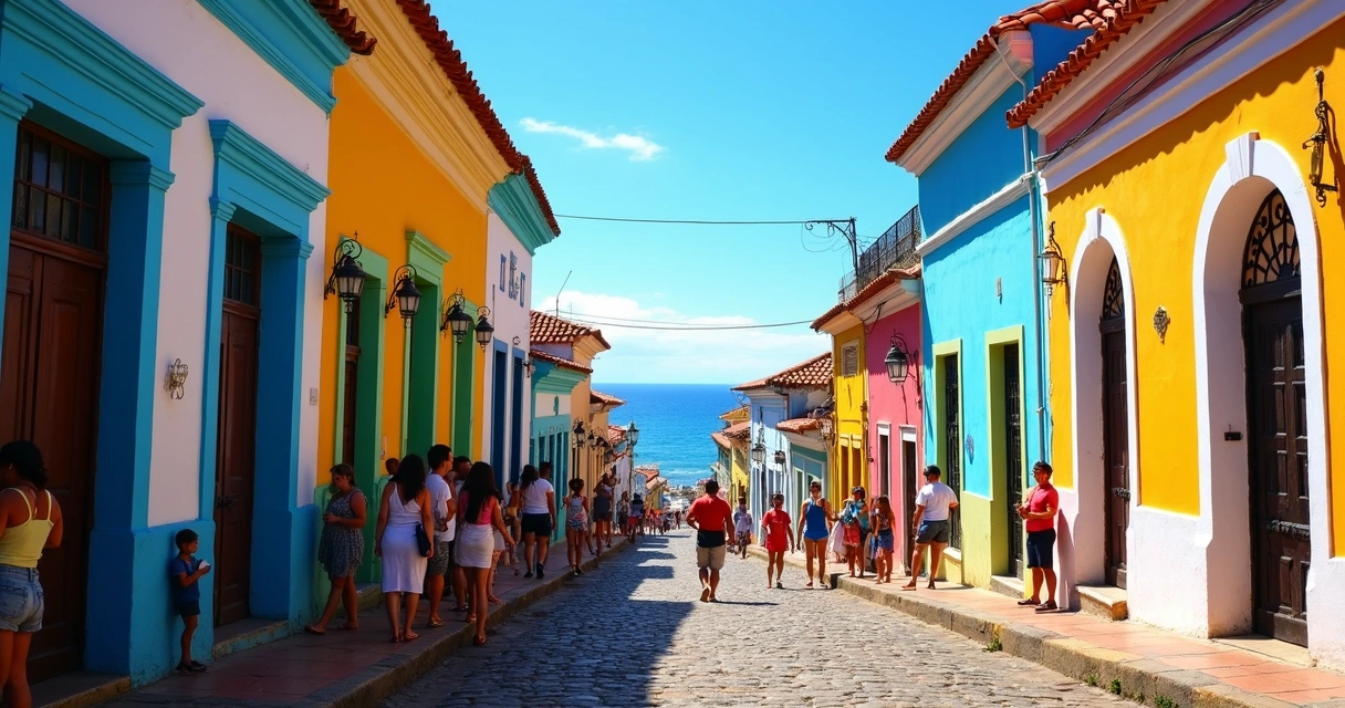 Pelourinho colorido em Salvador com turistas e céu azul ao fundo