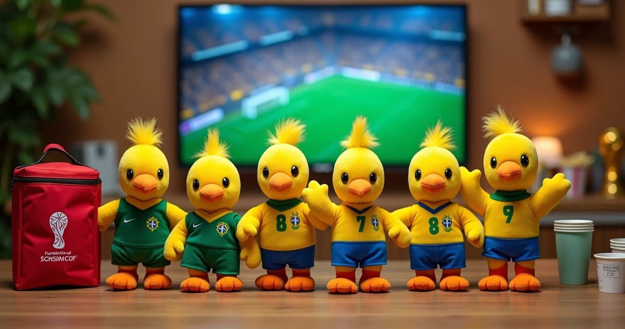Cinco pelúcias do Canarinho em mesa com futebol e lanches 