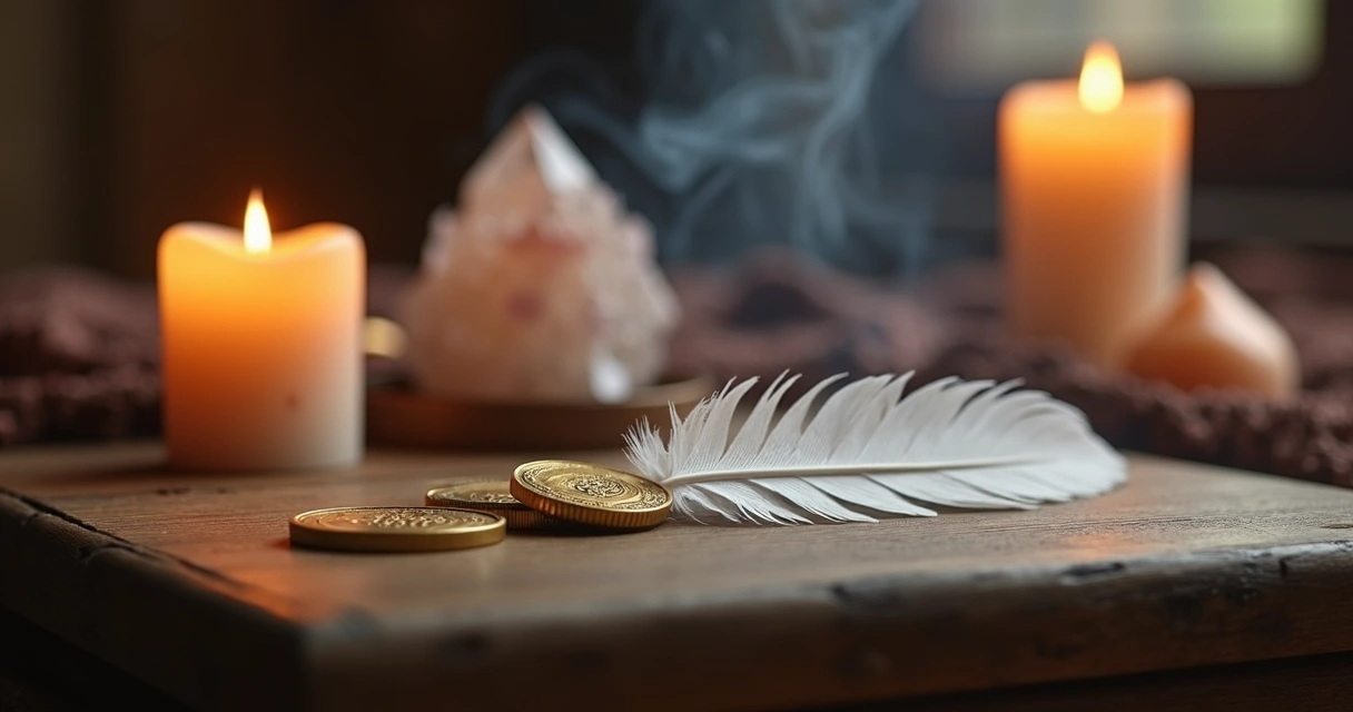 Moeda dourada e pena branca sobre pequeno altar com velas acesas 