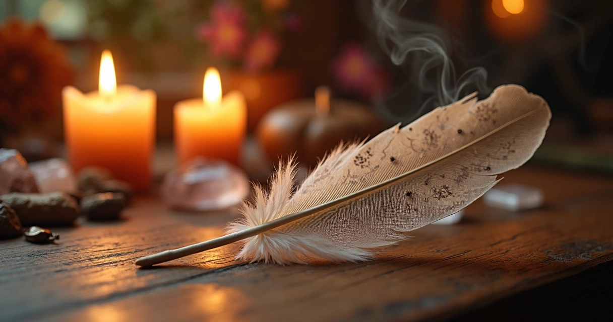 Pena sagrada em altar com velas e incensos 