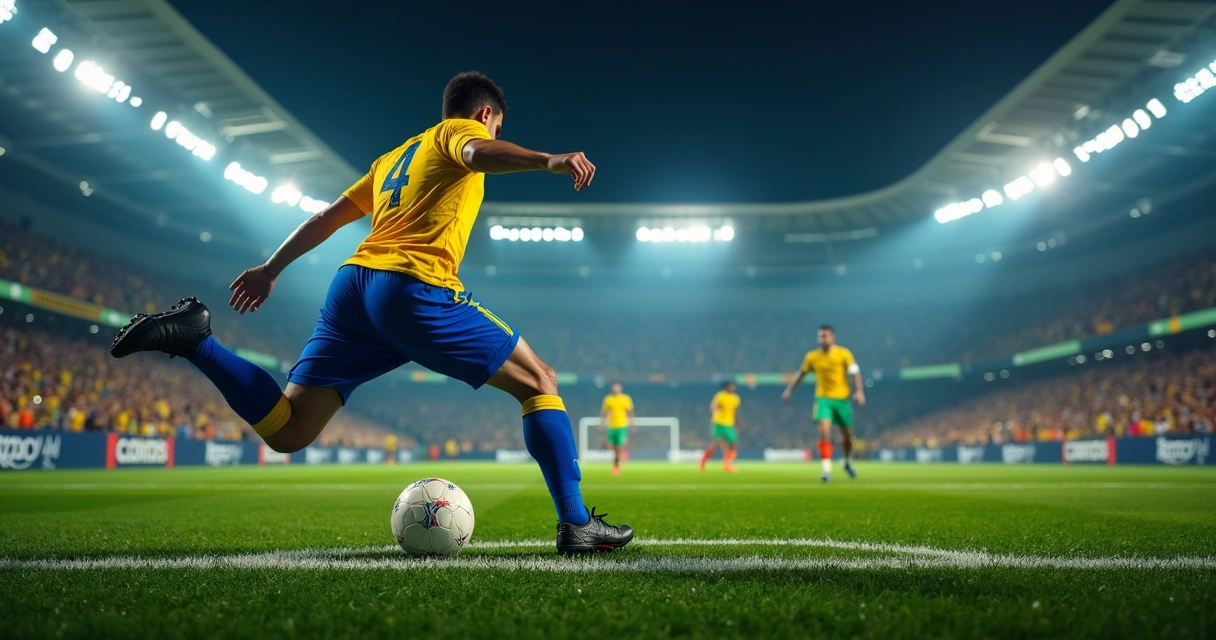 Jogador cobrando pênalti em estádio lotado visto de trás do batedor 
