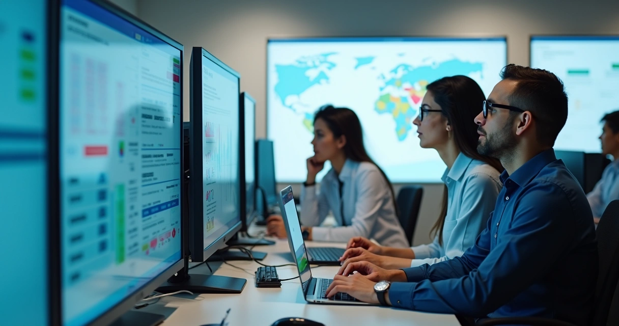 Visão interna de escritório de contabilidade com pessoas organizando documentos digitais e monitorando prazos em telas 