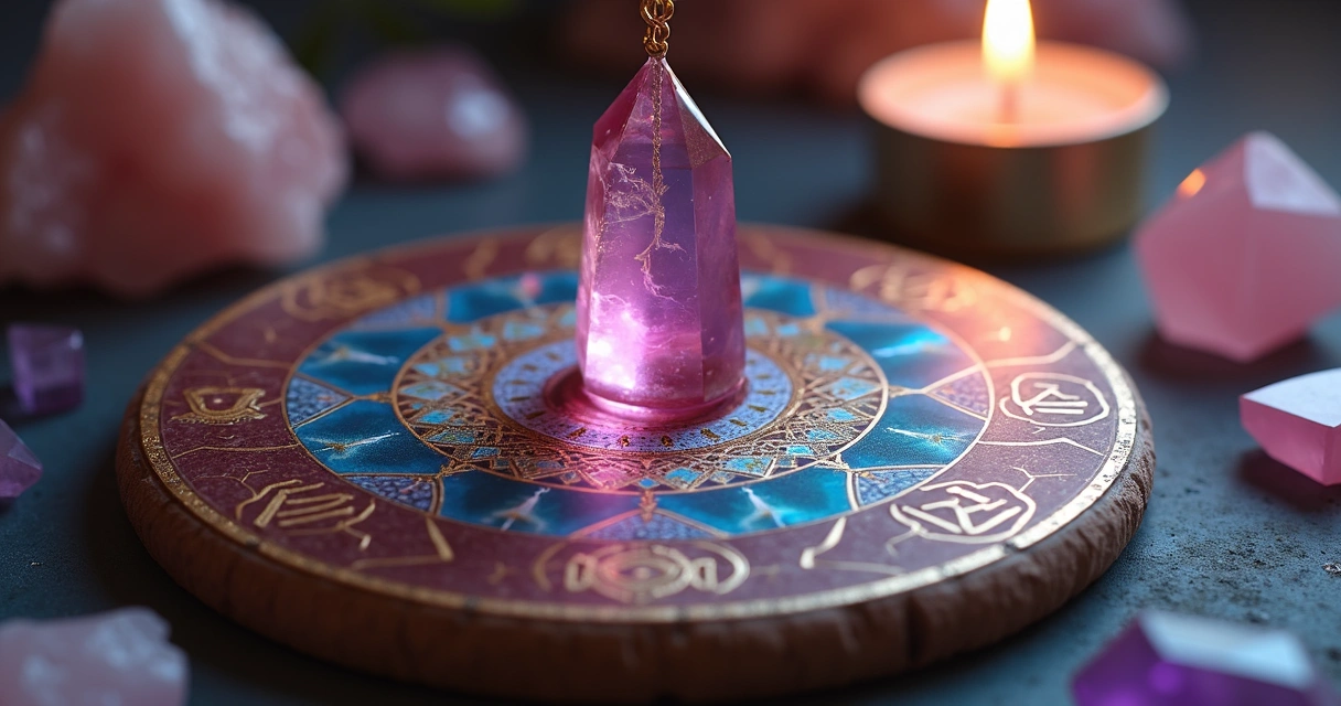 Pêndulo e cristais sobre mesa radiônica 