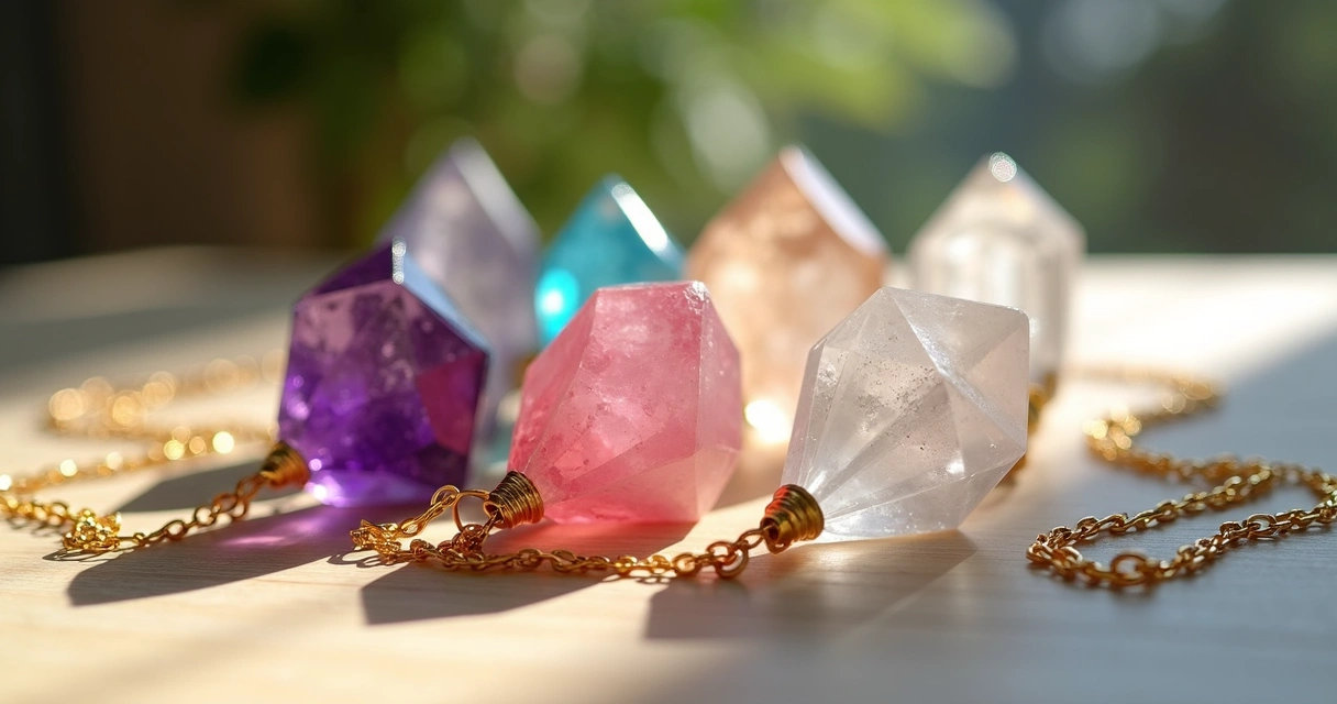 Pêndulos de cristal coloridos em cima de uma mesa de madeira clara 