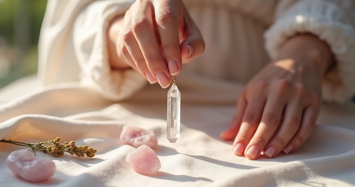 Mão feminina segurando pêndulo de cristal sobre superfície de tecido claro 