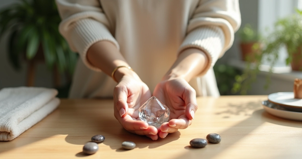 Mãos segurando pêndulo de cristal sobre superfície de madeira clara 