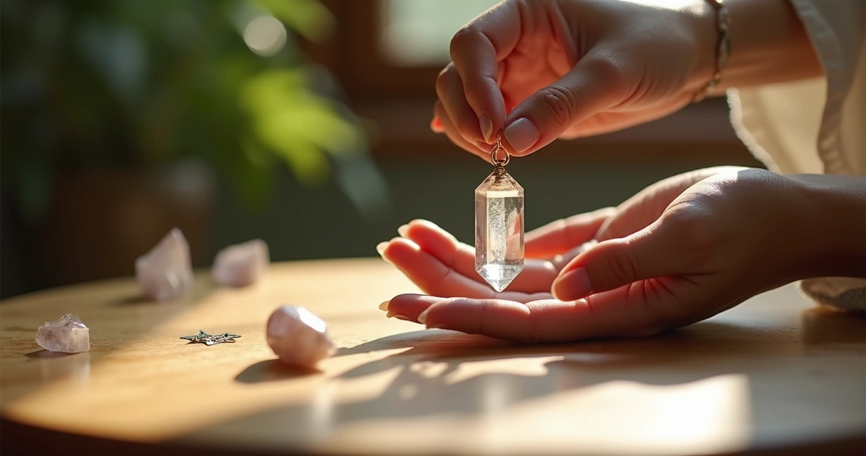 Mão feminina segurando um pêndulo de cristal transparente 