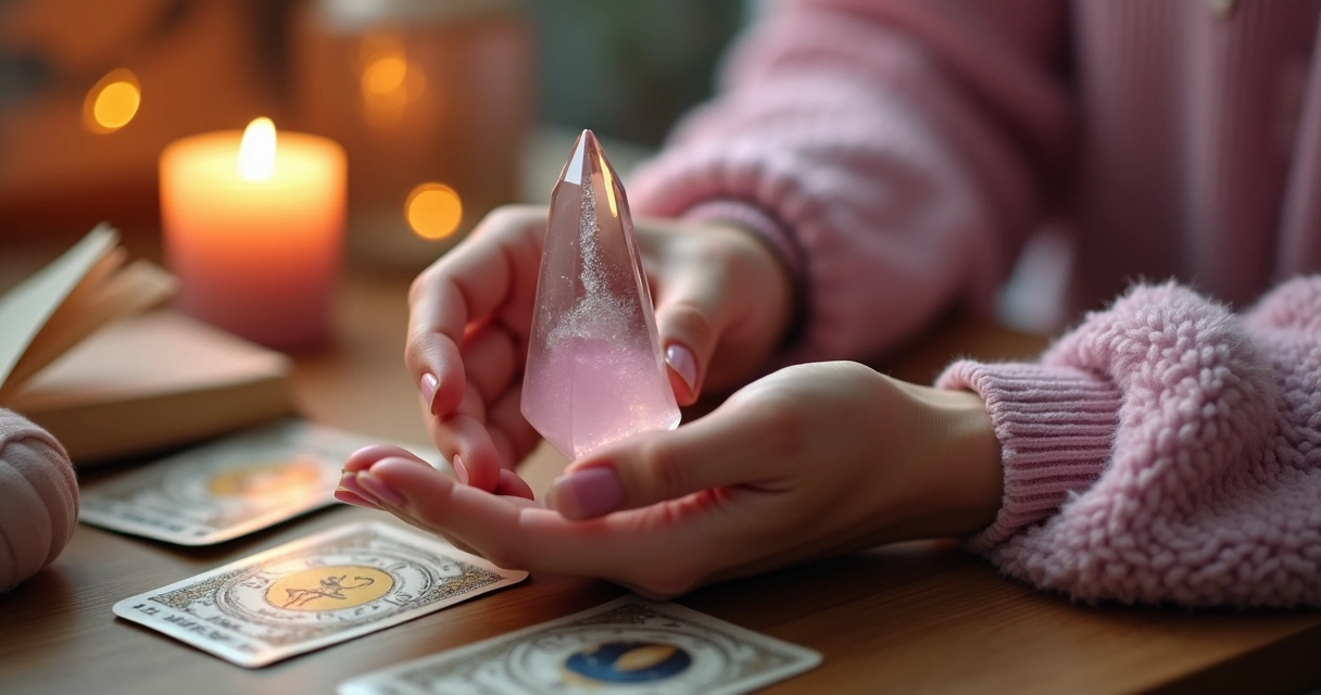 Mãos femininas segurando pêndulo de cristal sobre mesa com cartas de oráculo 