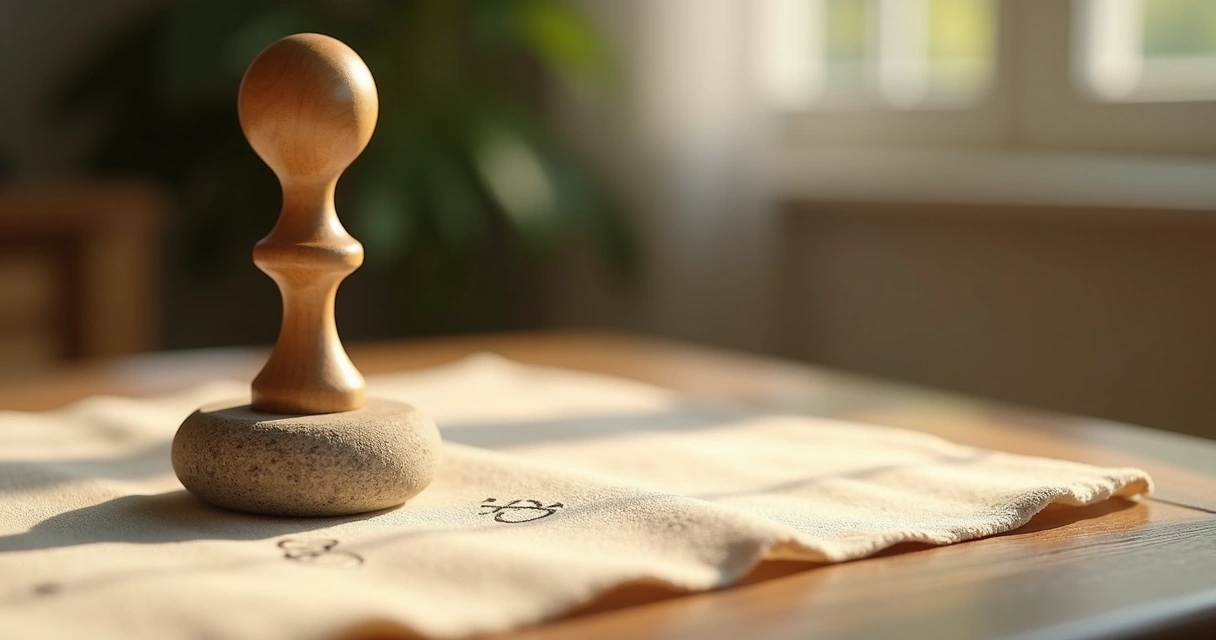 Pêndulo de madeira com base de pedra sobre mesa clara 