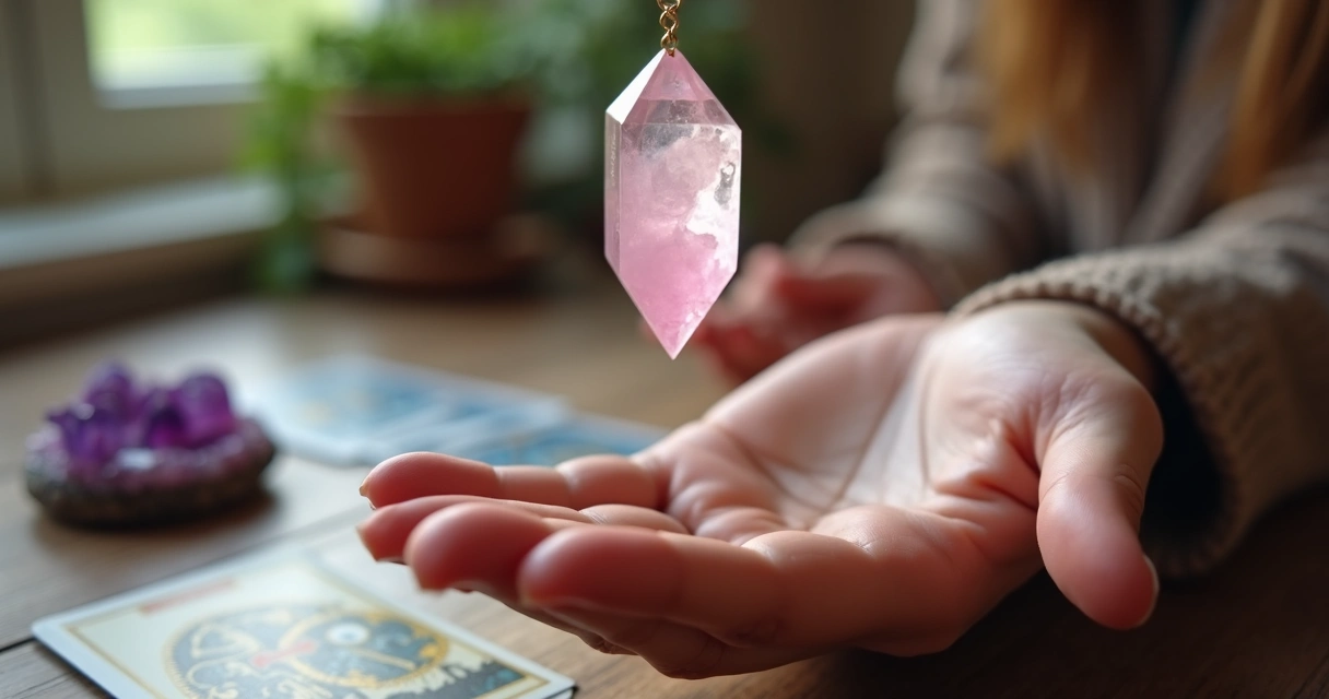 Pêndulo de cristal de quartzo rosa pendurado sobre a palma de uma mão feminina 
