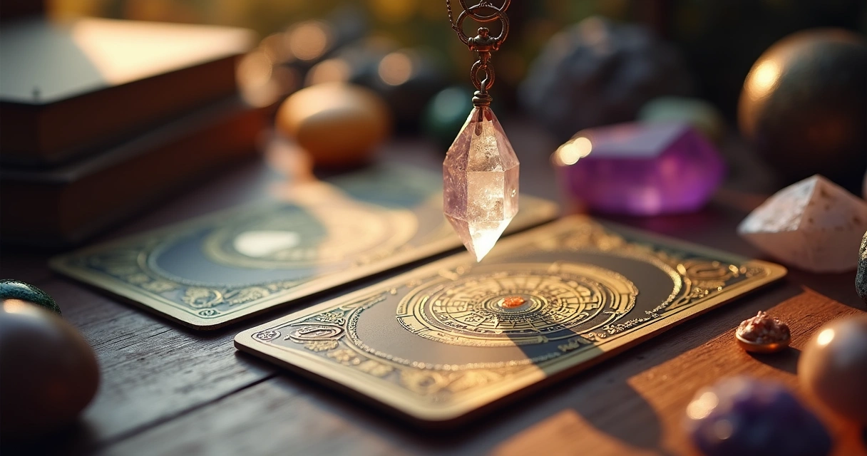 Pêndulo em uma mesa com runas, cartas e cristais ao redor. 