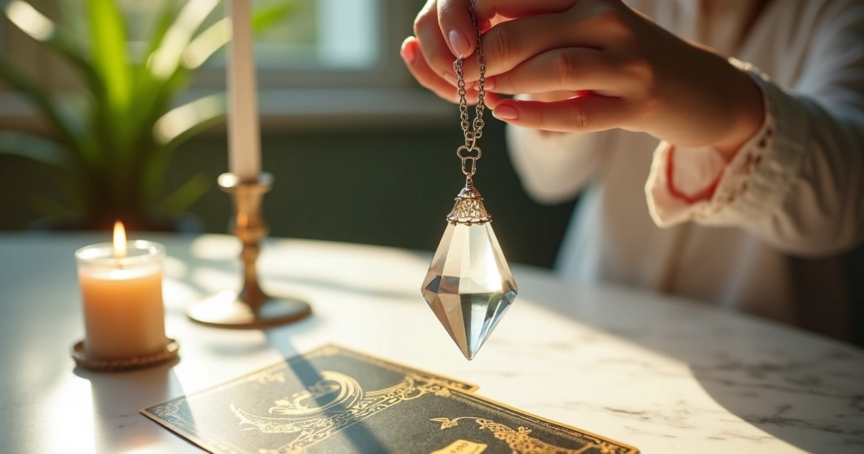 Pêndulo de cristal suspenso sobre mesa de mármore