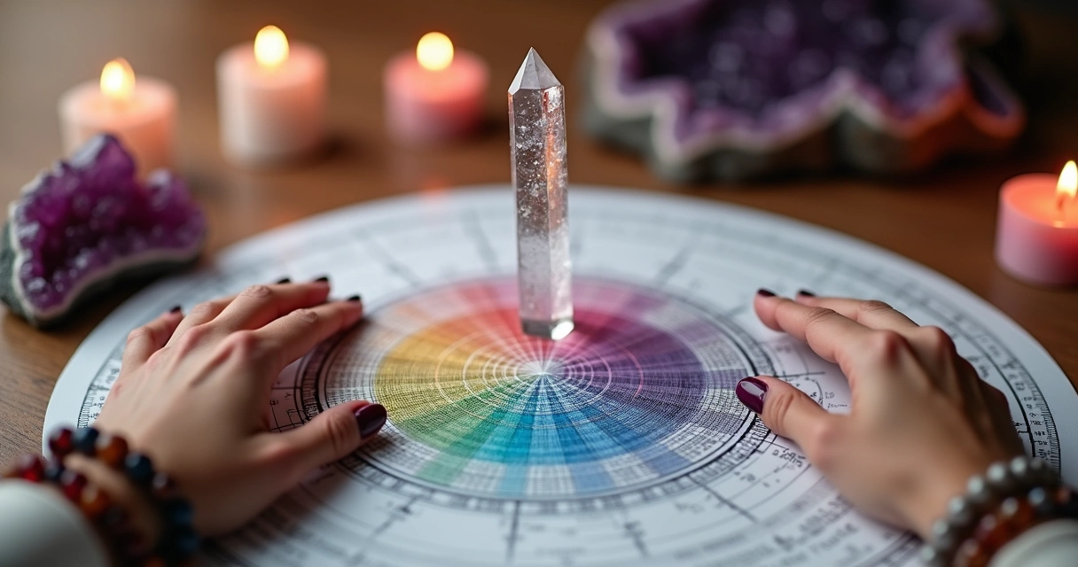 Pêndulo de cristal girando sobre gráfico colorido da mesa radiônica.