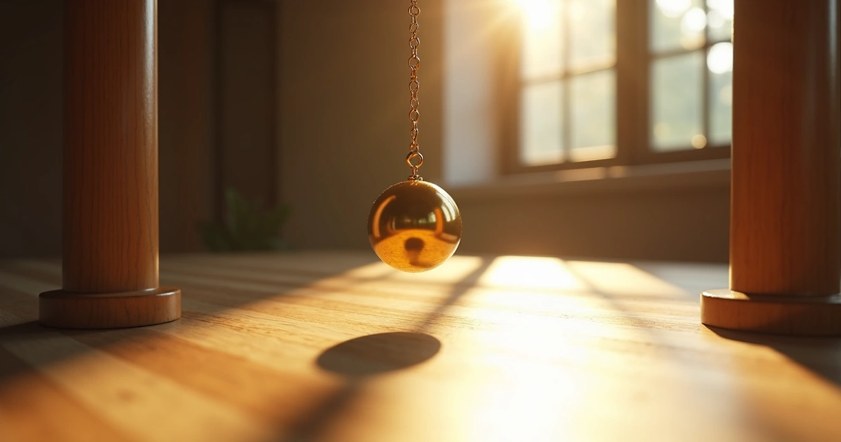 Pêndulo dourado balançando sobre superfície de madeira clara 