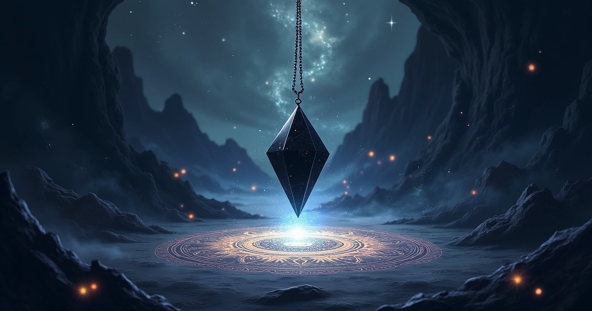 Pêndulo de obsidiana centralizado em uma paisagem mística, protegido por uma aura de energia.