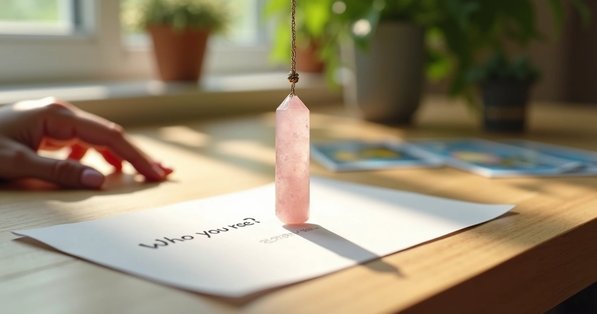 Pêndulo rosa de cristal sobre mesa de madeira clara 