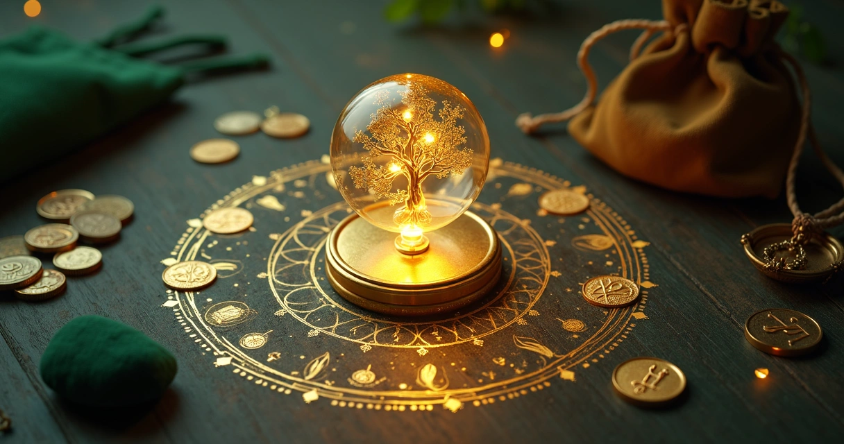 Pêndulo dourado circundado por símbolos de riqueza e energias luminosas