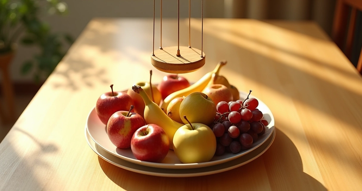 Pêndulo sendo utilizado para avaliar energia de frutas em um prato de madeira 