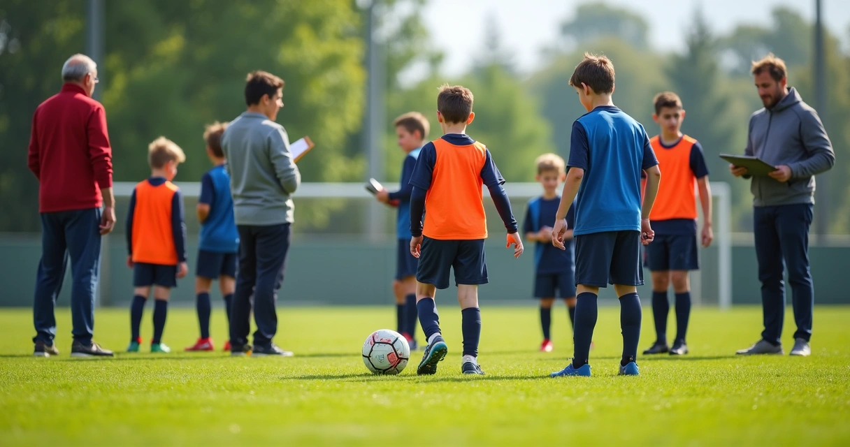 Jovens sendo avaliados por treinadores em teste de futebol em campo gramado 