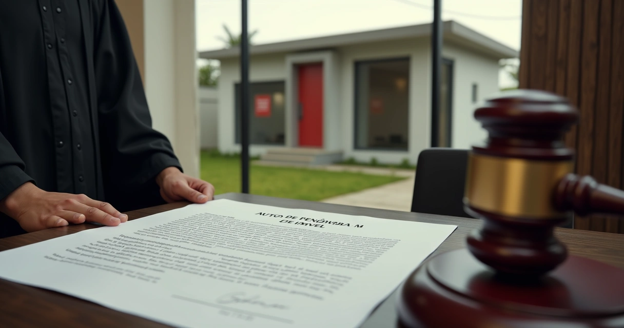 Juiz segurando martelo diante de casa com documento de penhora 