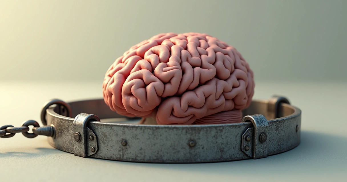 Ilustração de um cérebro dentro de uma armadilha de urso. 