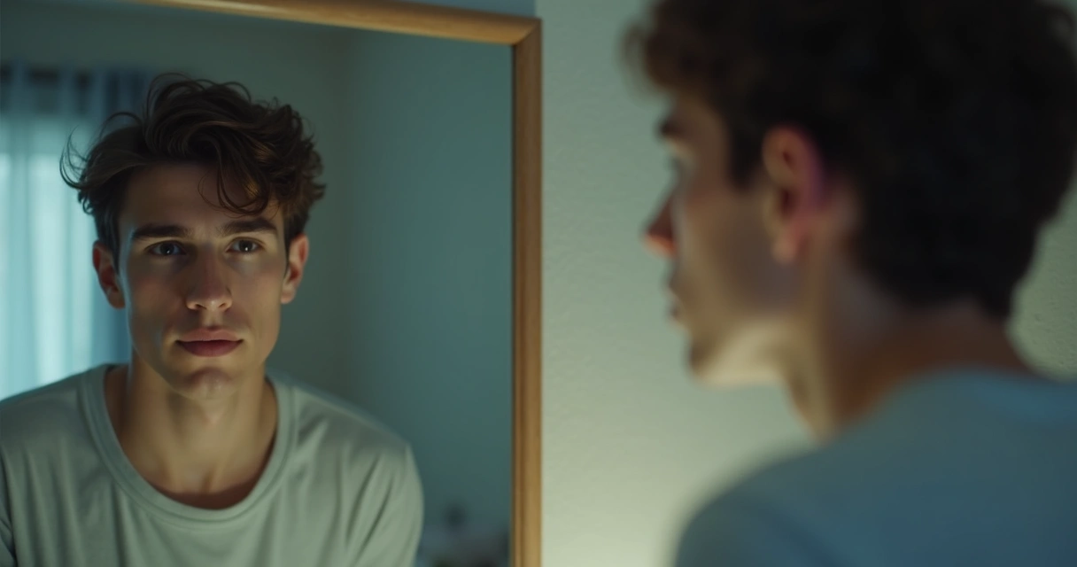 Homem jovem olhando para um espelho, com reflexo distorcido e expressões diferentes no vidro