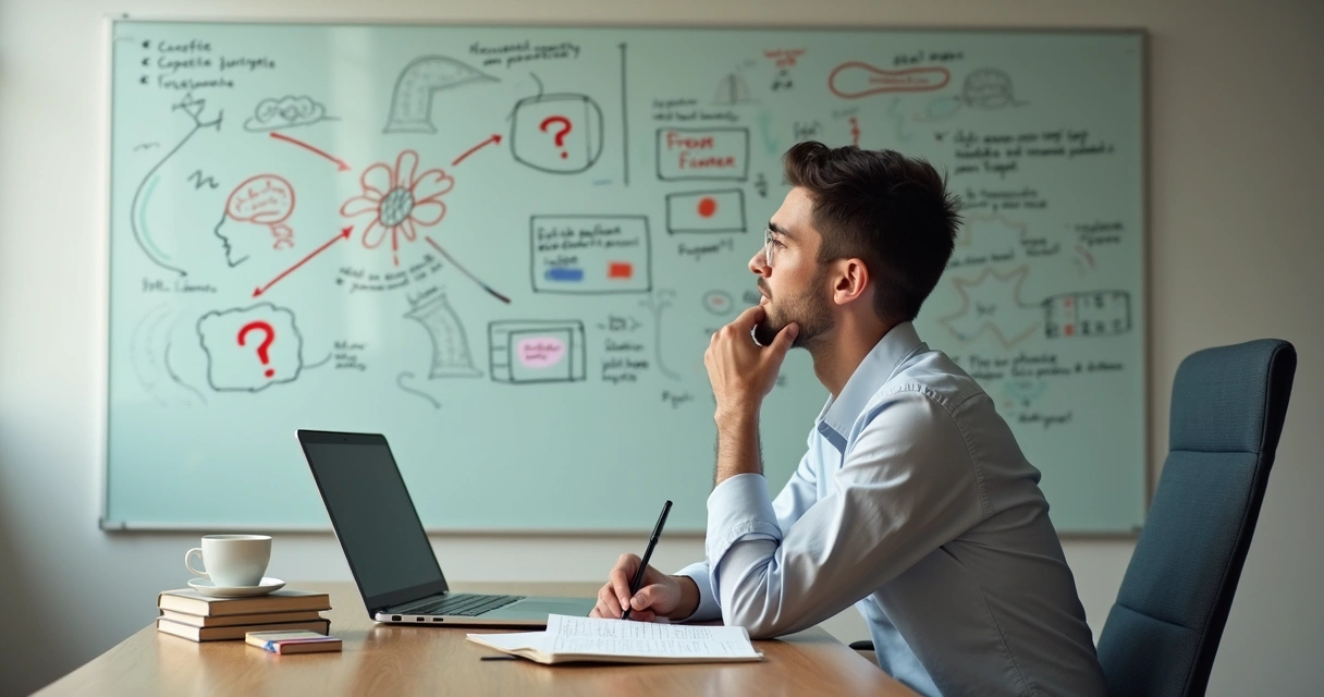 Pessoa refletindo diante de um quadro cheio de conexões e perguntas 