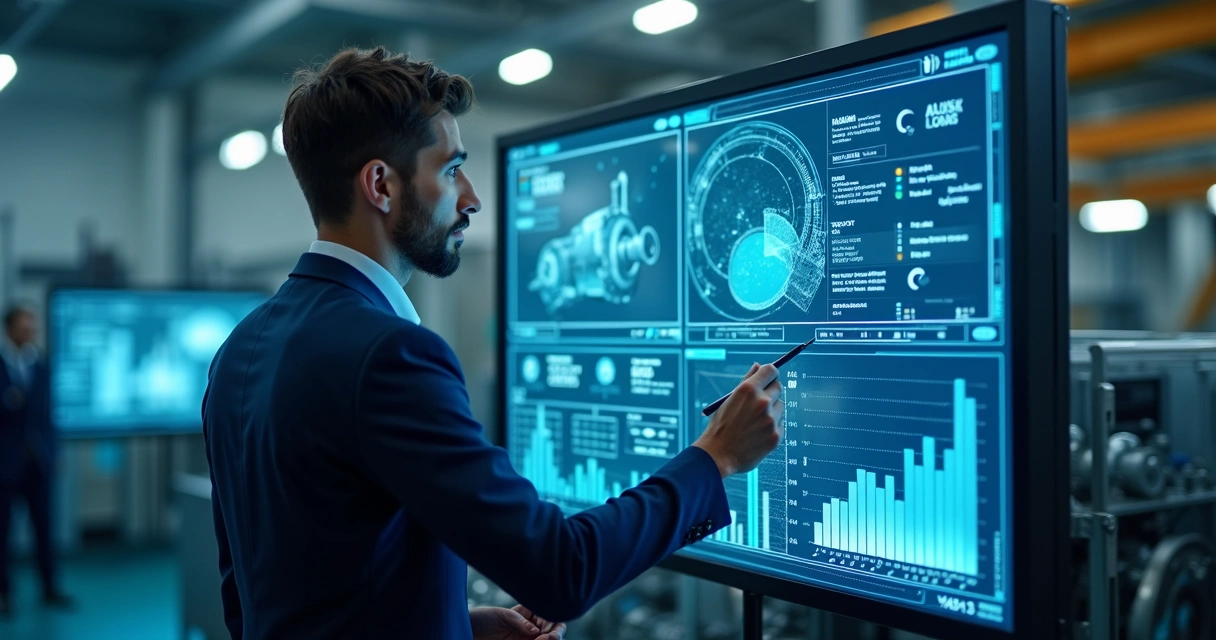 Profissional analisando dados em tela digital dentro de fábrica 