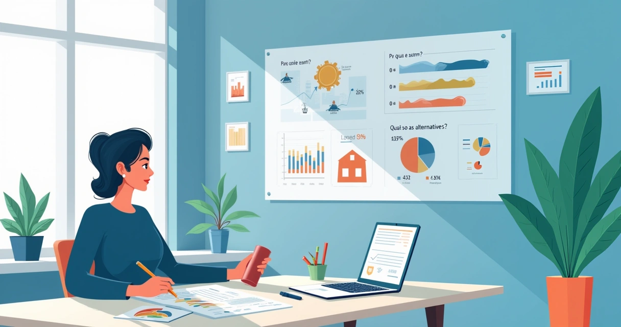 Mulher em um escritório analisando opções de investimento com gráficos e perguntas na parede.