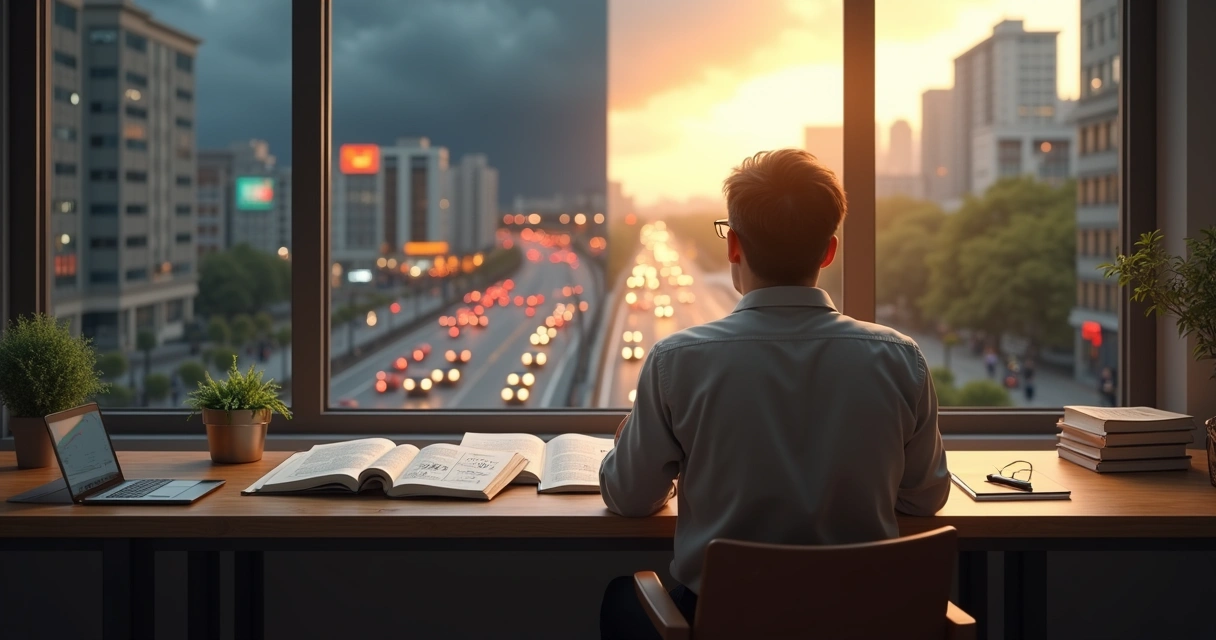 Pessoa refletindo diante de cenário urbano dividido entre caos e equilíbrio 