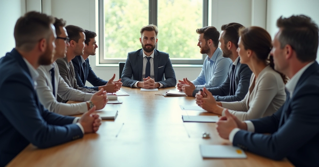 Time ao redor de uma mesa, todos acenando positivamente, indicando pouco questionamento nas decisões 