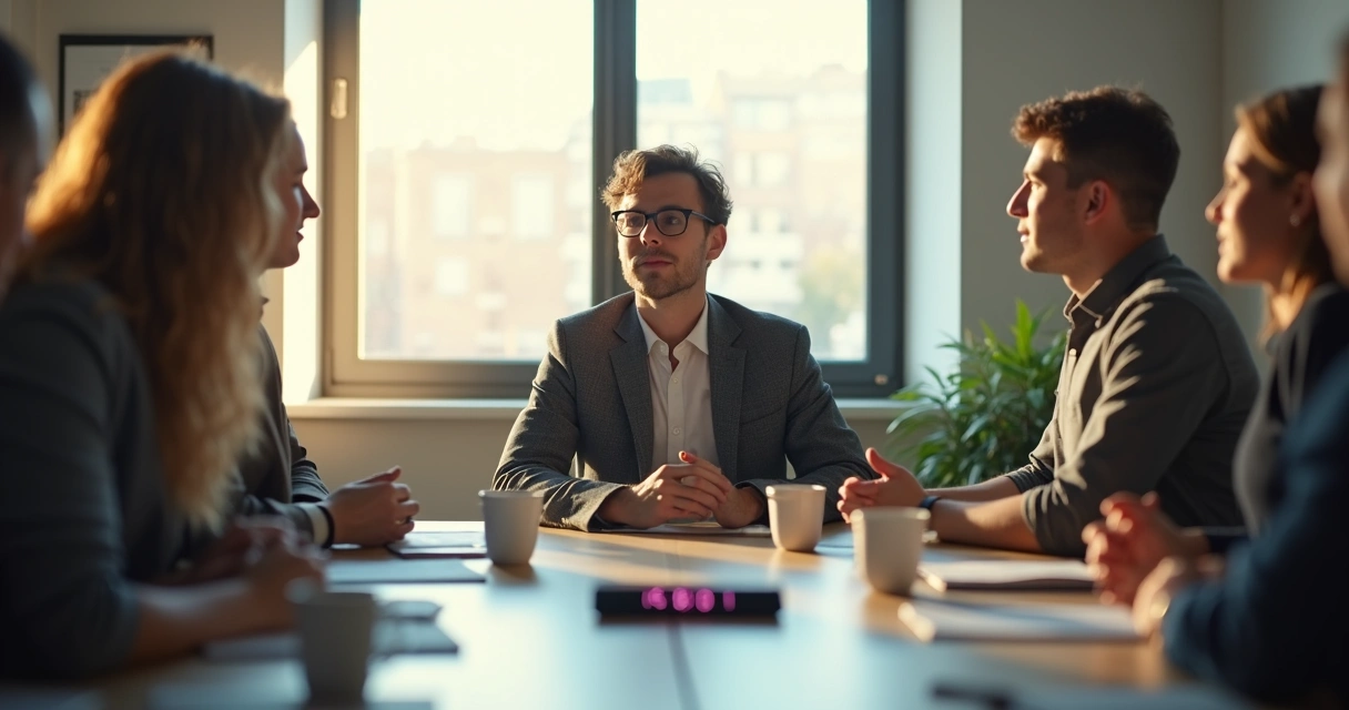 Pessoa distraída durante reunião de trabalho, olhando para o vazio, enquanto colegas conversam ao fundo. 