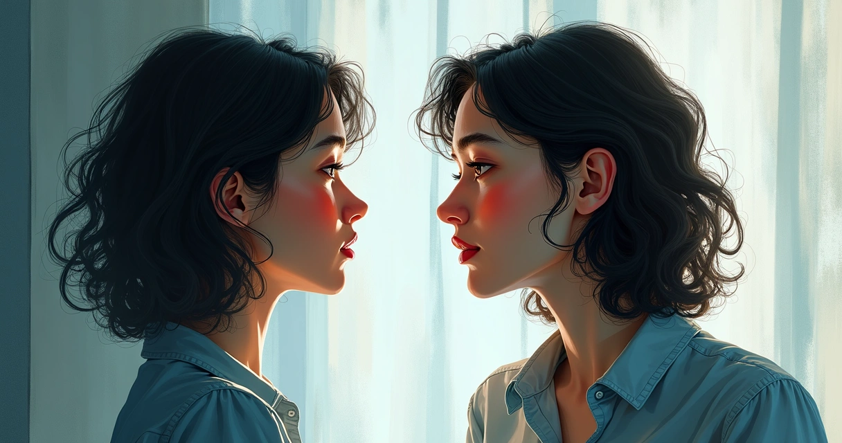 Pessoa olhando para o espelho com rosto dividido entre claro e escuro, refletindo conflito interno 