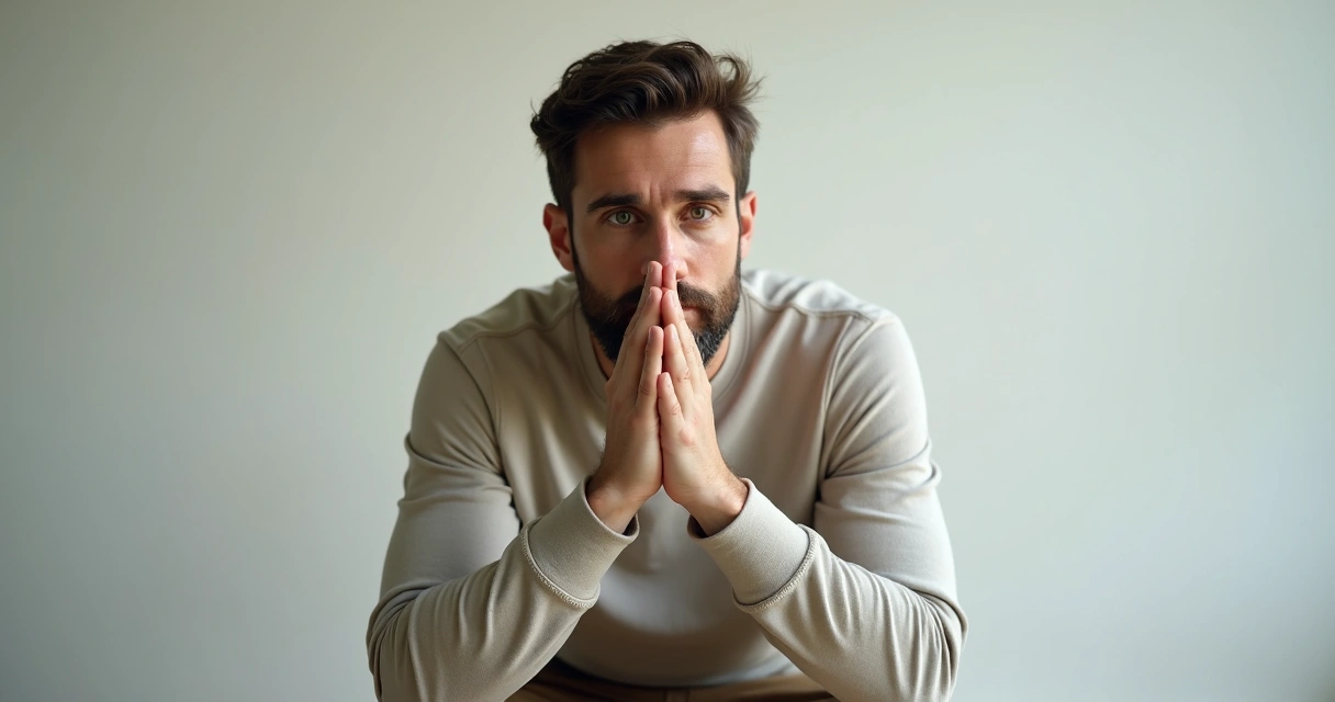 Homem sentado olhando para frente, expressão pensativa, fundo neutro claro 