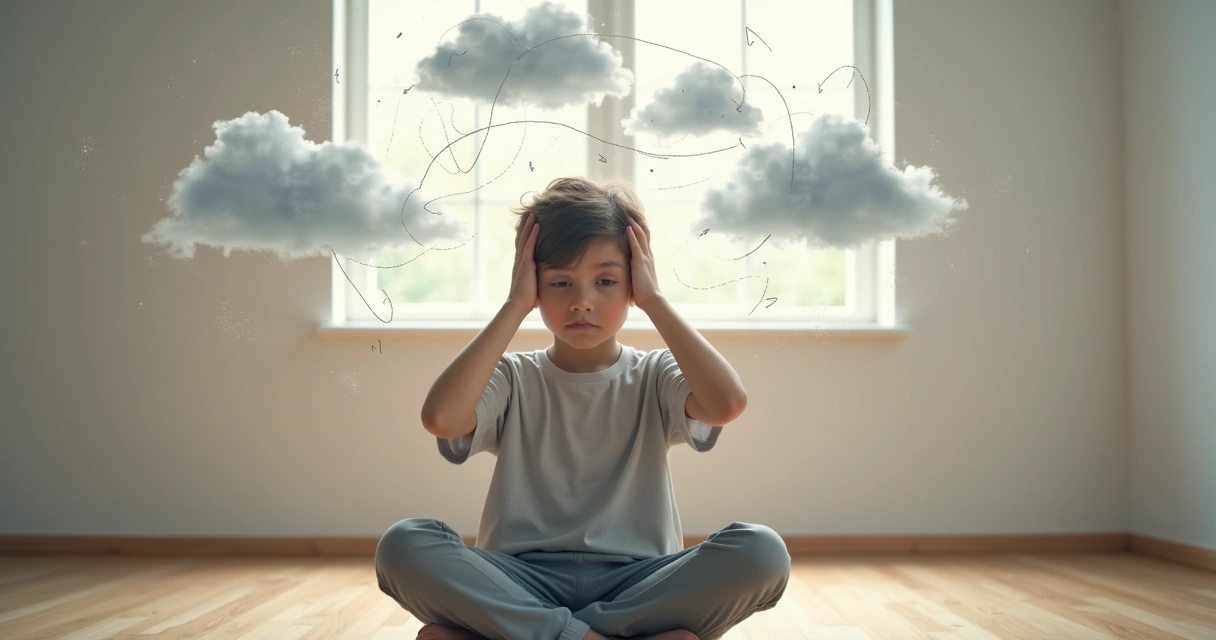 Pessoa com mão na cabeça rodeada por nuvens brancas e cinzas, representando pensamentos confusos 