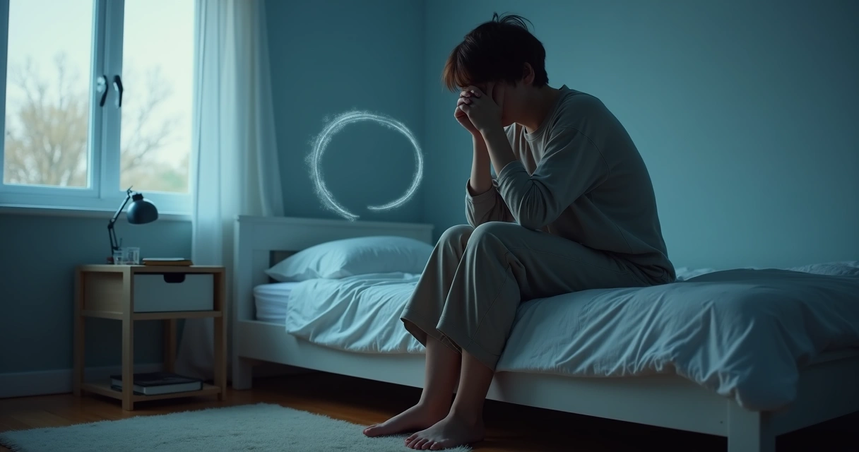 Pessoa sentada na cama com expressão pensativa cercada por linhas abstratas representando pensamentos excessivos 