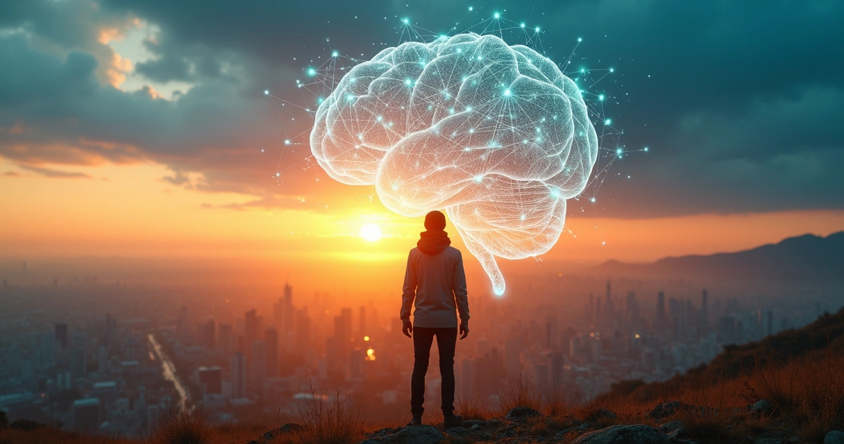 Pessoa observando rede interconectada representando pensamento sistêmico e evolução humana 