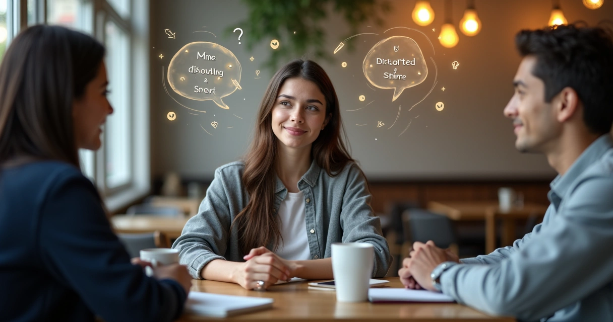 Pessoa observando pensamentos automáticos em uma conversa social 