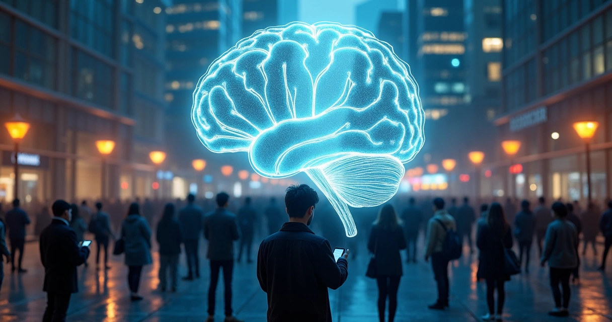 Multidão conectada por padrões de pensamento repetitivos e luminosos 