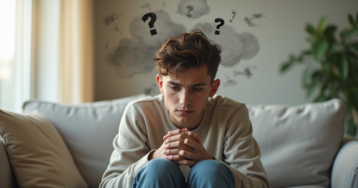 Pessoa sentada no sofá com expressão pensativa e ilustrações sutis de pensamentos turbulentos ao redor da cabeça 